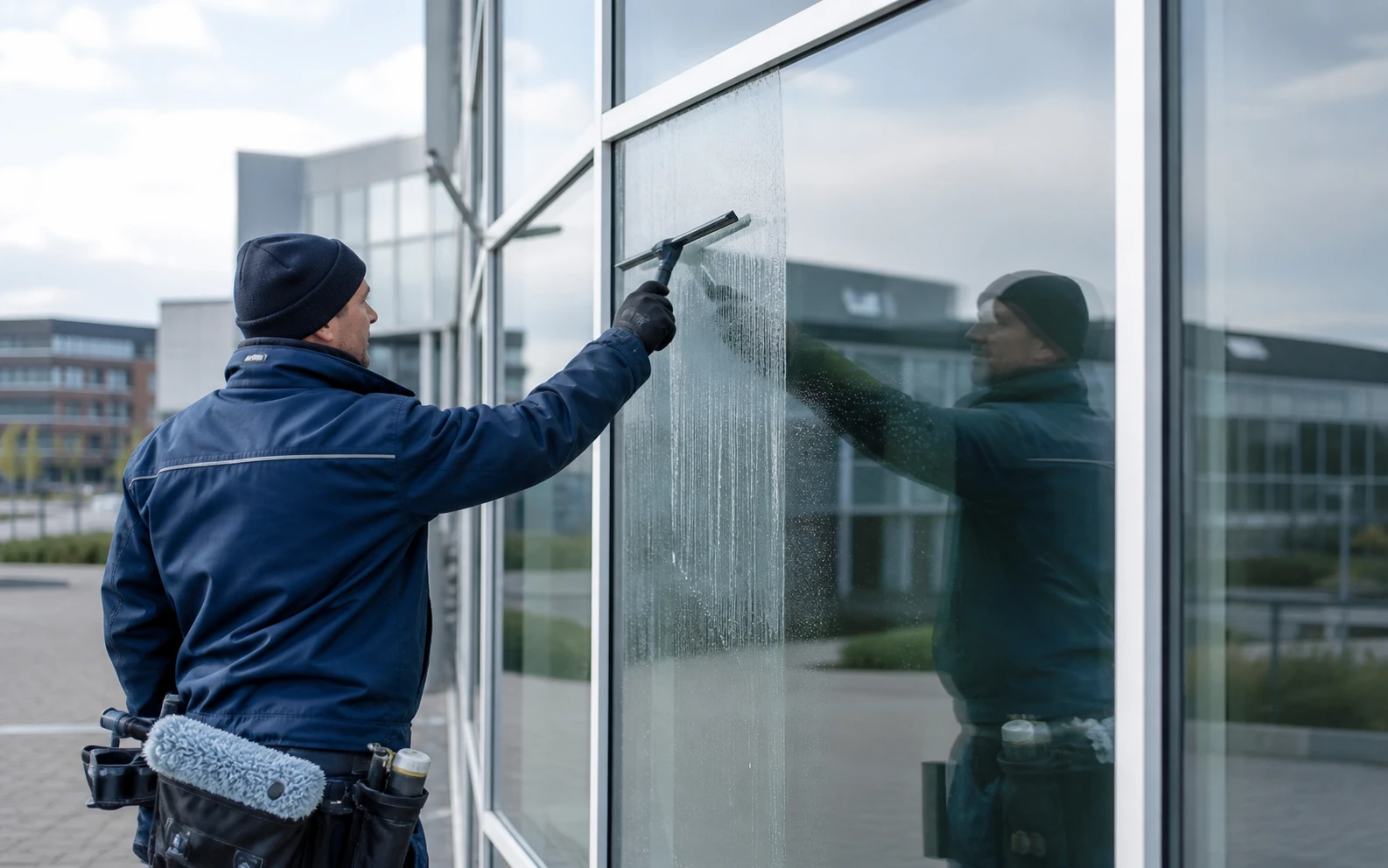 Professionelle Reinigung einer großen Glasfassade an einem modernen Bürogebäude