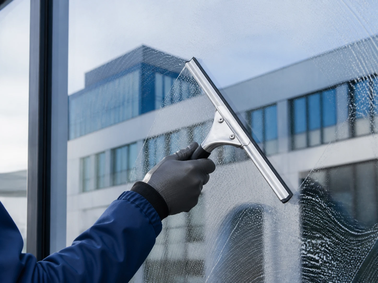 Professionelle Fenster- und Glasreinigung an einer modernen Fensterfront